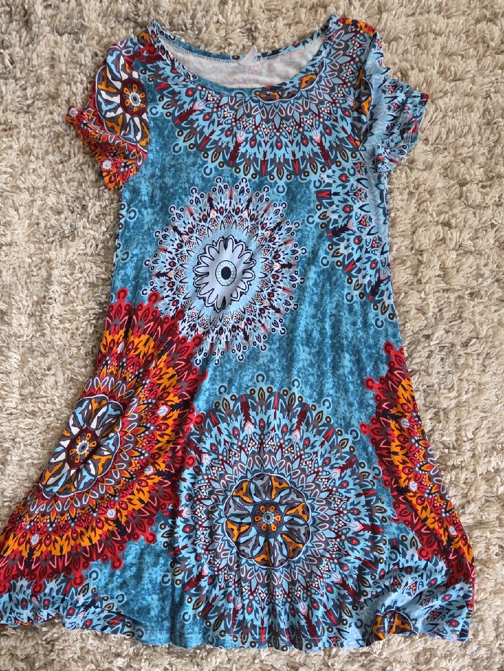 Blue Printed Casual Women's Dress with Multicolor Mandala Motif